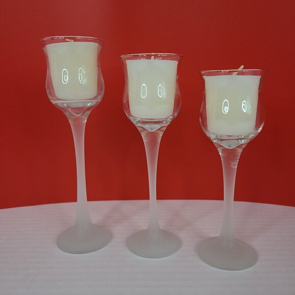 Set of Three Frosted Stem Votive Tealight Candle Holders - Picture 2 of 5